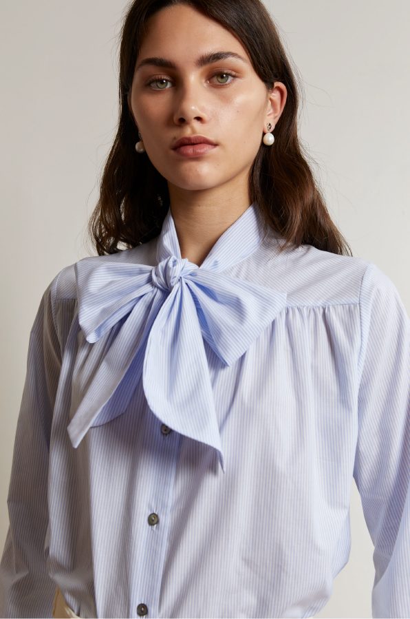 MAHSA - NEW BOW BLOUSE BABY BLUE & WHITE WAS $490