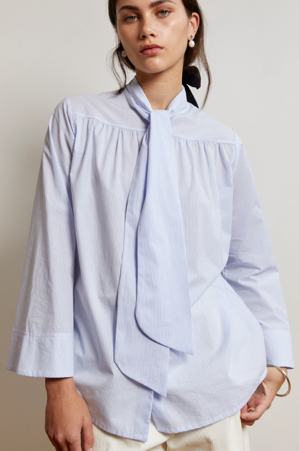 MAHSA - NEW BOW BLOUSE BABY BLUE & WHITE WAS $490