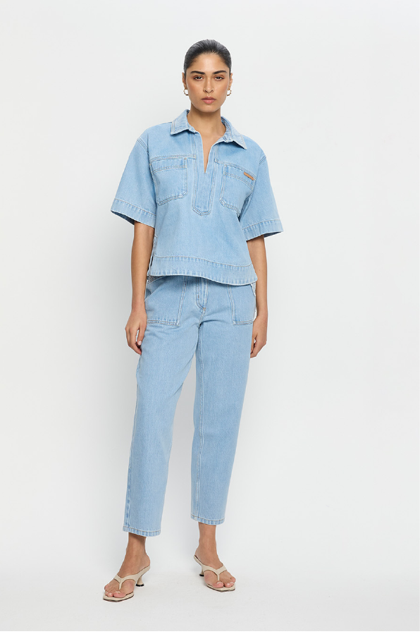 KIVARI - AVERY DENIM TOP DUSTY BLUE