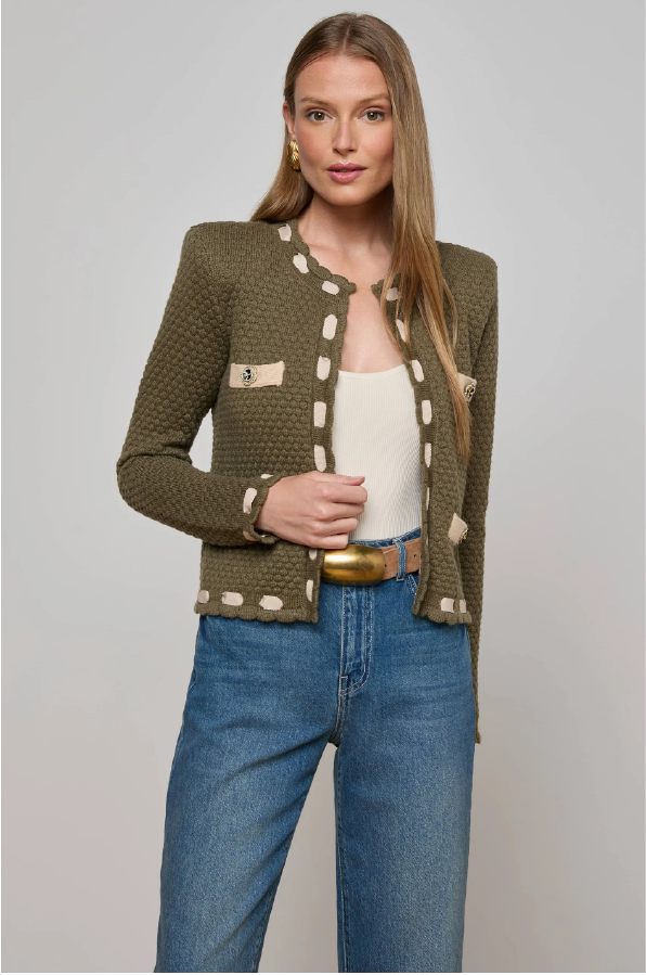 L 'AGENCE - ASTOR CONTRAST TRIM CARDI ARMY