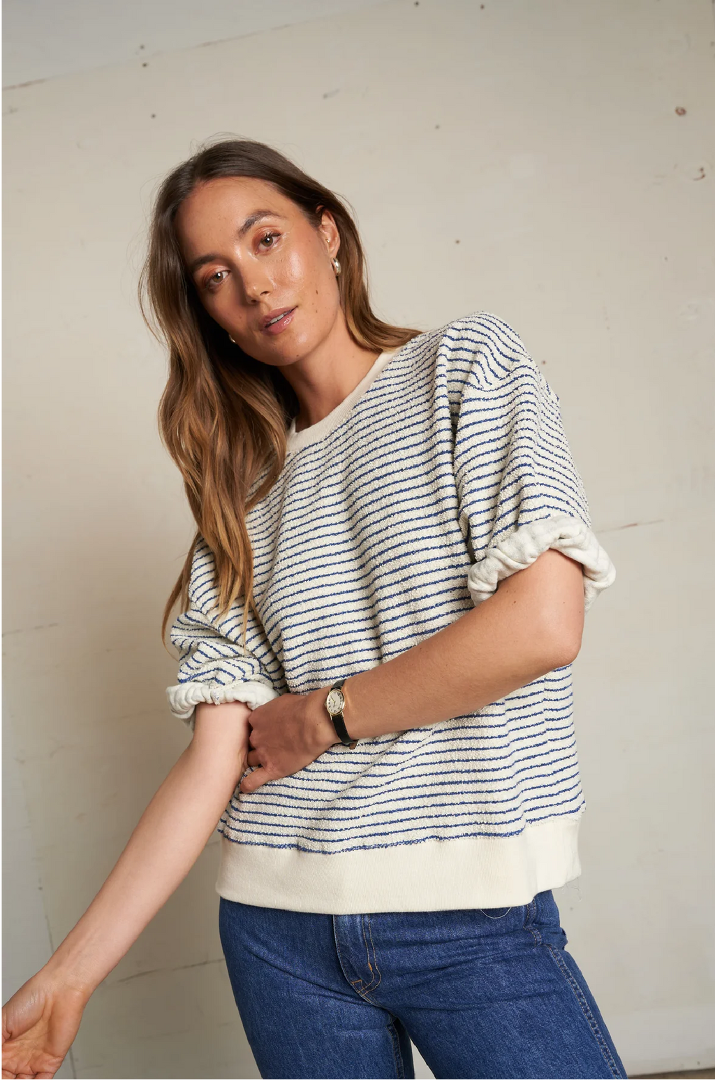 PERFECT WHITE TEE - REBECCA 3/4 PUUFF SLEEVE SWEATSHIRT IN NAVY STRIPE