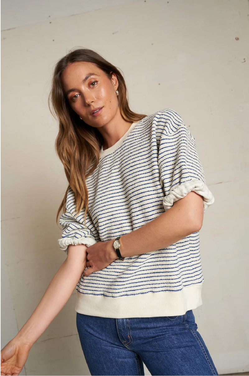 PERFECT WHITE TEE - REBECCA 3/4 PUUFF SLEEVE SWEATSHIRT IN NAVY STRIPE
