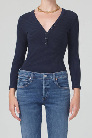 citizens of humanity aideen rib henley top navy blue long sleeve