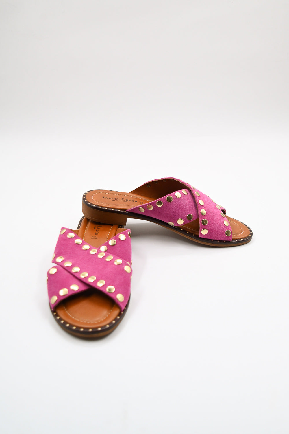 emporio italia donna luca slide sandal fuscia pinkk leather gold studs